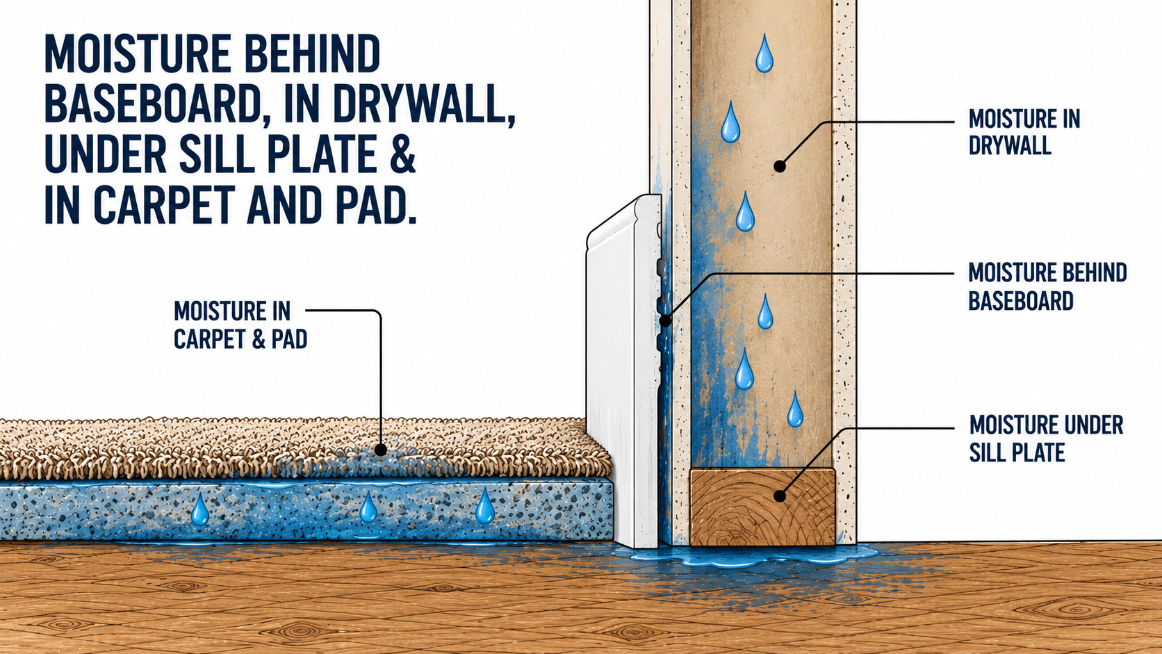 Diagram showing moisture behind baseboard, in drywall, under the sill plate, and in carpet and pad.