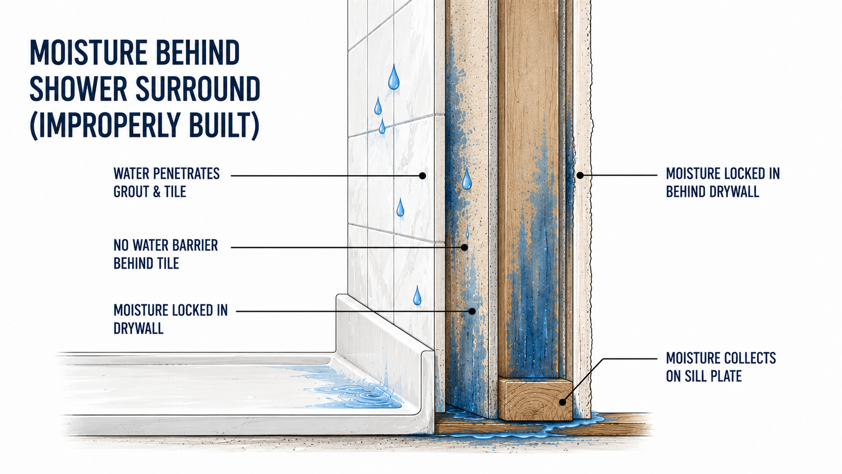 Diagram showing moisture behind a shower tile surround where no water barrier is present.