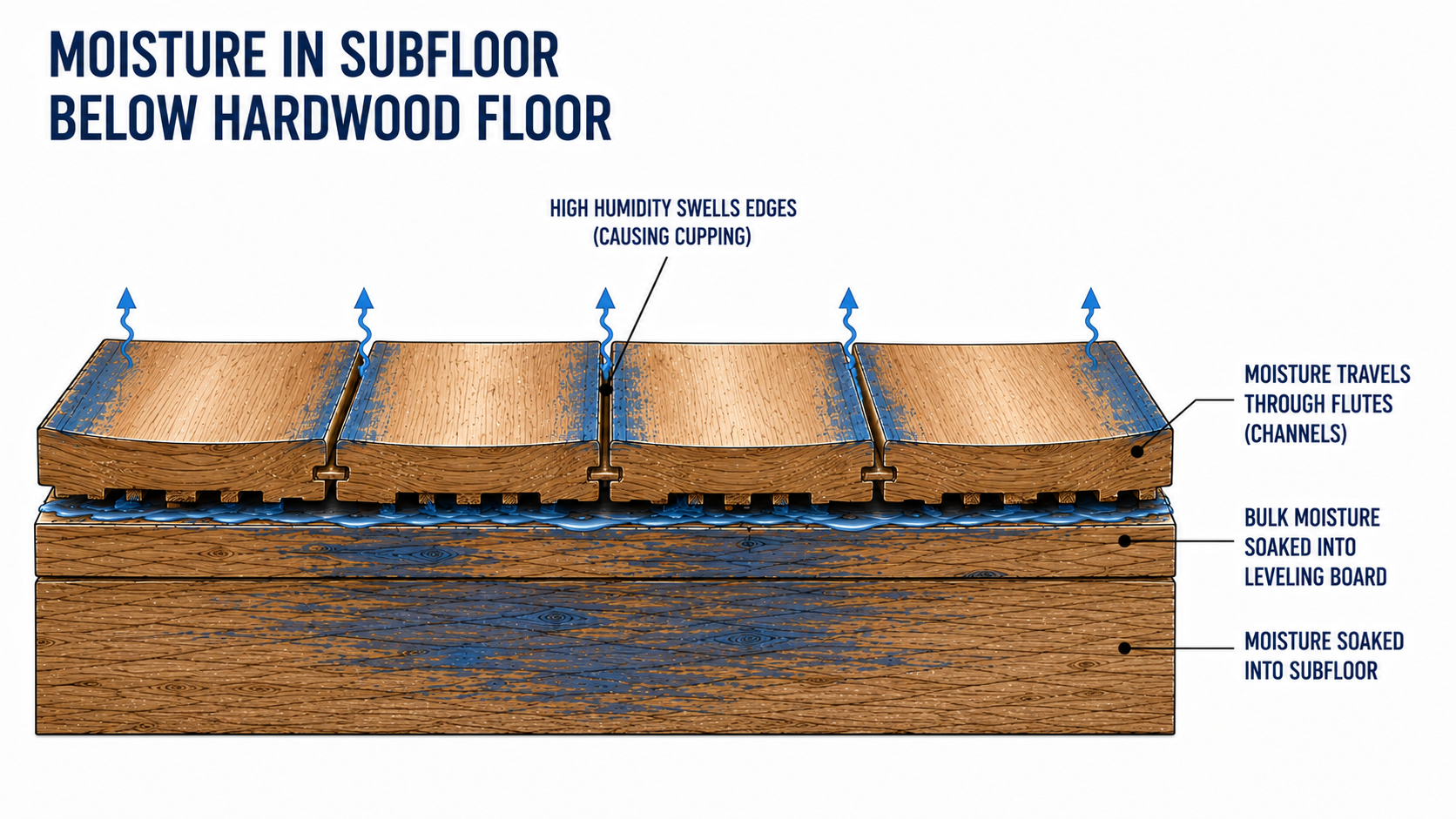 Diagram showing moisture in subfloor below hardwood flooring and humidity swelling plank edges.